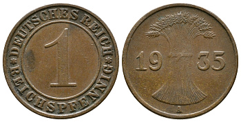 Германия 1 рейхспфенниг 1935 A KM 37, J. 313 бронза 220-117