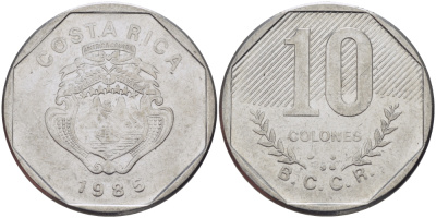 Коста-Рика 10 колонов 1985 B.C.C.R. KM 215.2 нержавеющая сталь 82-121