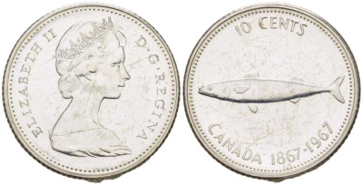 КАНАДА 10 ЦЕНТОВ 1967 100 ЛЕТ КОНФЕДЕРАЦИИ, РЫБА, ЕЛИЗАВЕТА II (1952-) KM 67 серебро UNC 206-244