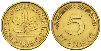 ФРГ 5 ПФЕННИГОВ 1978 D KM 107, J.382 сталь плакированная латунью 4532-1252