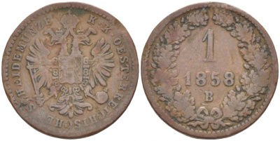 Австрия 1 крейцер 1858 В, Франц Иосиф (1846-1918) KM 2186 медь 3309-832