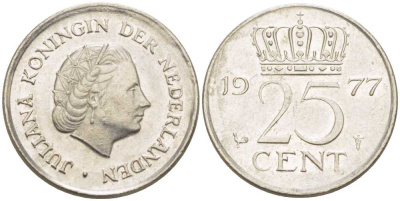 Нидерланды 25 центов 1977 Юлиана (1948-1980) KM 183 никель 214-1116
