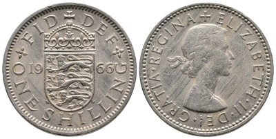 Великобритания 1 шиллинг 1966 Елизавета II (1952-2022), Английский герб KM 904, Spink 4147 медно-никель 86-1152