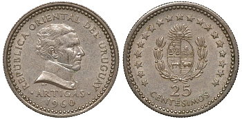 Уругвай 25 сентесимо 1960 KM 40 медно-никель 4169-1018