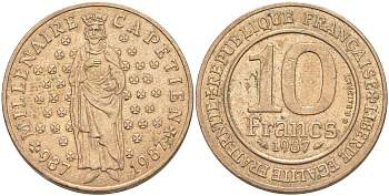 Франция 10 франков 1987 1000 лет первому королю Франции Гуго Капету KM 961 d, Le Franc 371.2 никелированная бронза 4111-115