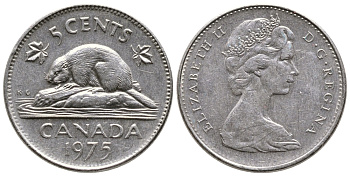 Канада 5 центов 1975 Елизавета II (1952-2022), бобр KM 60.1 никель 4364-2436
