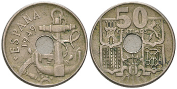 Испания 50 сентимо 1949 (56) Франко (1939-1975), морская атрибутика KM 777 медно-никель 4385-615