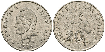 Французская Новая Каледония 20 франков 1986 три быка, (IEOM) KM 12, Schoen 14, Lec 112 никель 72-115