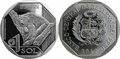 Перу 1 новый соль 2017 фауна Перу, Андский очковый медведь KM 403 медь никель цинк  UNC  M28-11