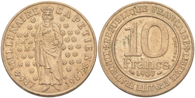 Франция 10 франков 1987 1000 лет первому королю Франции Гуго Капету KM 961 d, Le Franc 371.2 никелированная бронза 4111-115