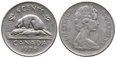 Канада 5 центов 1975 Елизавета II (1952-2022), бобр KM 60.1 никель 4364-2436