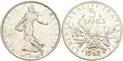 Франция 5 франков 1962 сеятель KM 926, LE FRANC 340.6 серебро 75-336