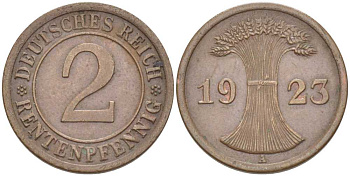 ГЕРМАНИЯ 2 РЕНТЕНПФЕННИГА 1923 A KM 31, J. 307 бронза 206-1155