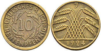 ГЕРМАНИЯ 10 РЕНТЕНПФЕННИГОВ 1924 J KM 33, J. 309 алюминиевая бронза 4401-356