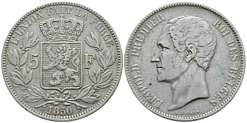 Бельгия 5 франков 1850 Леопольд I (1831-1865) KM 17 серебро    00-1067-9-33
