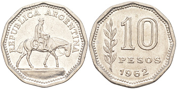 Аргентина 10 песо 1962 Гаучо KM 60 никелированная сталь 4529-626