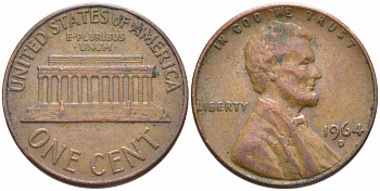 США 1 ЦЕНТ 1964 D, ЛИНКОЛЬН KM 201 медь цинк 112-416