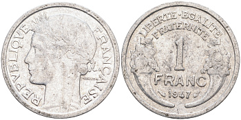 ФРАНЦИЯ 1 ФРАНК 1947 KM 885а.1 алюминий 4589-555