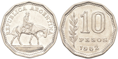 Аргентина 10 песо 1962 Гаучо KM 60 никелированная сталь 4529-626