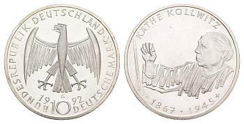 ФРГ 10 марок 1992 G, 125 лет со дня рождения Кете Кольвиц KM 178 серебро UNC 4634-1024