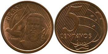 Бразилия 5 сентаво 2014 KM 648, Schon 156 сталь плакированная медью 4525-152