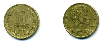 ЧИЛИ 10 ПЕСО 1997 ГЕНЕРАЛ БЕРНАРДО О ХИГГИНС KM 228.2 никель-бронза 37-154