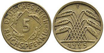 ГЕРМАНИЯ 5 РЕЙХСПФЕННИГОВ 1925 E KM 39, J. 316 алюминиевая бронза 39-556
