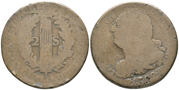Франция 2 соля 1793 ВВ, Людовик XVI (1774-1793) KM 612 бронза 118-1231