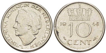 Нидерланды 10 центов 1948 Вильгельмина (1895-1948) KM 177 никель 214-1133