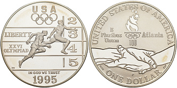 США 1 доллар 1995 Р, XXVI Олимпийские игры в Атланте, легкая атлетика KM 264 серебро PROOF 1091-7-53