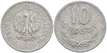 ПОЛЬША 10 ГРОШЕЙ 1969 MW KM АА47 алюминий 44-152