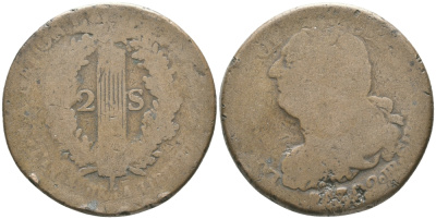 Франция 2 соля 1793 ВВ, Людовик XVI (1774-1793) KM 612 бронза 118-1231