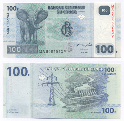 ДР Конго 100 франков 2007 слон, гидроэлектростанция "Инга II" Pick 98 a бумага UNC (пресс) 7222-58-1