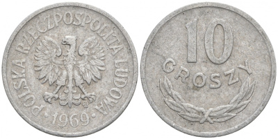 ПОЛЬША 10 ГРОШЕЙ 1969 MW KM АА47 алюминий 44-152
