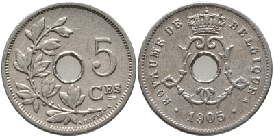 БЕЛЬГИЯ 5 САНТИМОВ 1905 BELGIQUE, A. MICHAUX KM 54 медно-никель 76-322