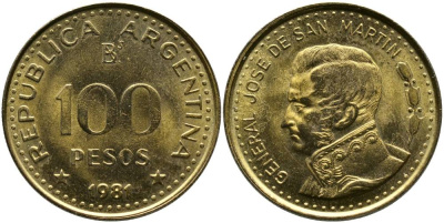 Аргентина 100 песо 1981 генерал Хосе де Сан Мартин KM 85а сталь плакированная латунью 4531-611