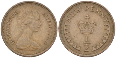 Великобритания 1/2 пенни 1971 Елизавета II (1952-2022) KM 914, Spink 4239 бронза 4392-1149