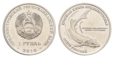 Приднестровье 1 рубль 2018 Красная книга - Русский осётр (Acipenser gueldenstaedtii) KM 303 сталь плакированная никелем UNC 4669-1126