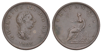 Великобритания 1/2 пенни 1806 Георг III (1760-1820) KM 662, Spink 3781 медь 3711-344