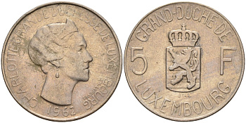 Люксембург 5 франков 1962 Великая герцогиня Шарлотта (1919-1964) KM 51 медно-никель 4143-1247