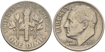 США 10 ЦЕНТОВ = 1 ДАЙМ 1966 РУЗВЕЛЬТ KM 195а медь плакированная медно-никелем 66-1113