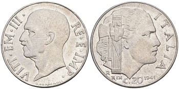 ИТАЛИЯ 20 ЧЕНТЕЗИМО 1941 R, ГОД XIX, ВИКТОР ЭММАНУИЛ III (1900-1946) KM 75b, VEM3. 1028 нержавеющая сталь 3853-854