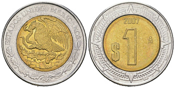 Мексика 1 песо 2007 Mo KM 603 биметалл aUNC 206-434