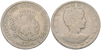 Бразилия 400 реалов 1901 MCMI, голова свободы вправо KM 505 медно-никель 4612-532