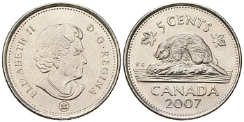 Канада 5 центов 2007 Leaf, Елизавета II (1952-2022), бобер KM 491 сталь плакированный никелем UNC 4381-557