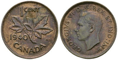 Канада 1 цент 1940 Георг VI (1937-1952), кленовый лист KM 32 бронза 4173-947