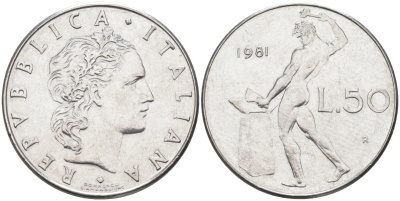 Италия 50 лир 1981 R, Бог огня Вулкан у наковальни KM 95.1 нержавеющая сталь 4529-325