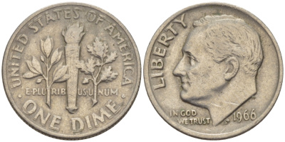 США 10 ЦЕНТОВ = 1 ДАЙМ 1966 РУЗВЕЛЬТ KM 195а медь плакированная медно-никелем 66-1113