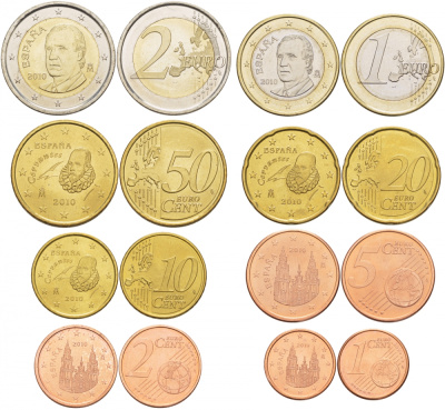 Испания евронабор из 8 монет 2010 1, 2, 5, 10, 20, 50 евроцентов, 1 и 2 евро KM 1040, 1041, 1042, 1070, 1071, 1072, 1073, 1074 N6-12