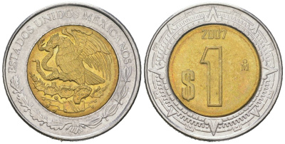 Мексика 1 песо 2007 Mo KM 603 биметалл aUNC 206-434